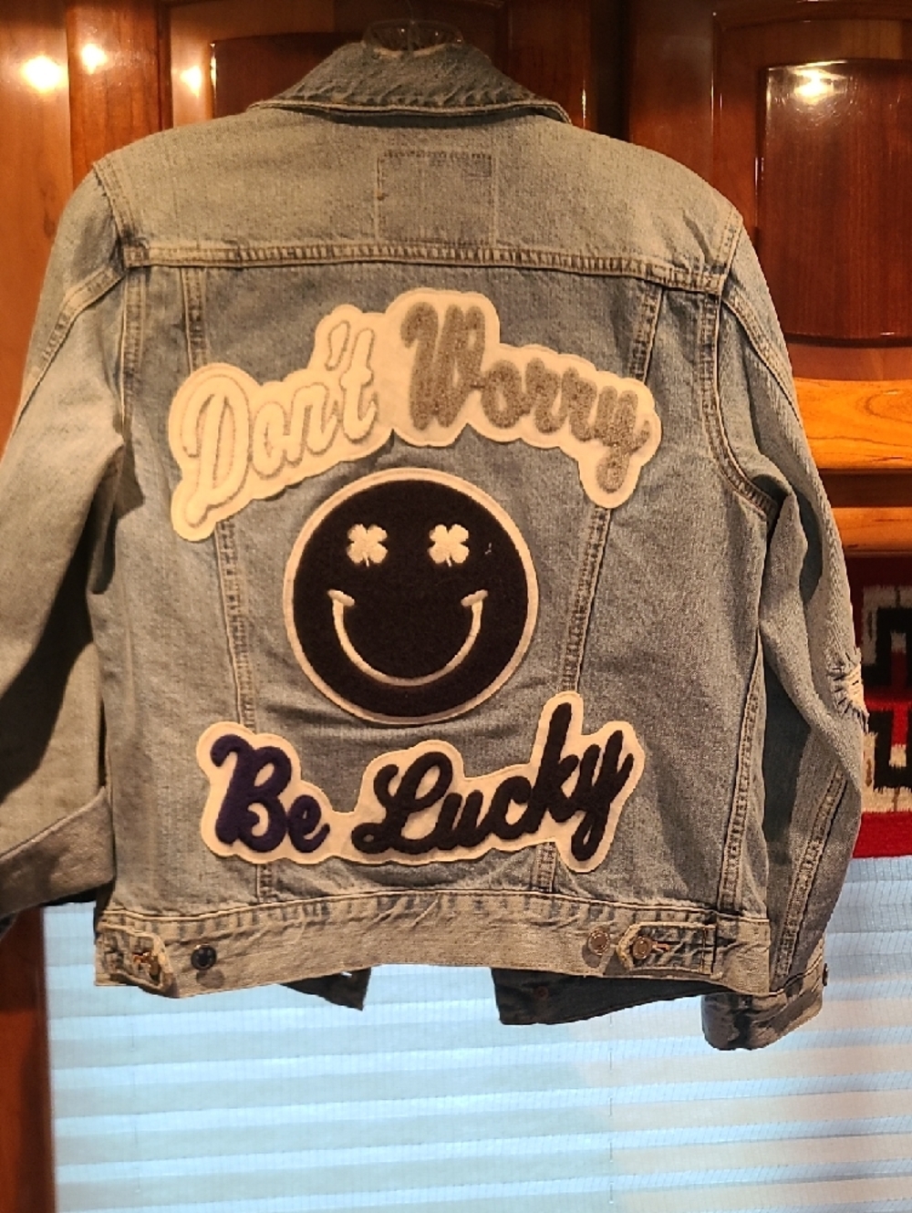 Lucky Brand Faded Blue Denim Jacket "Dont Worry Be Lucky"
